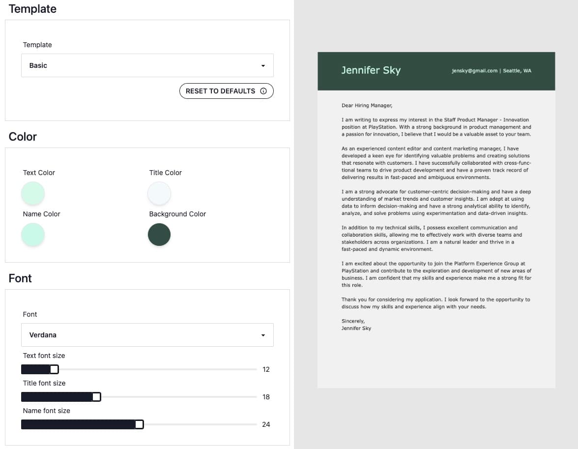 Change template, colors, font and font size of the cover letter